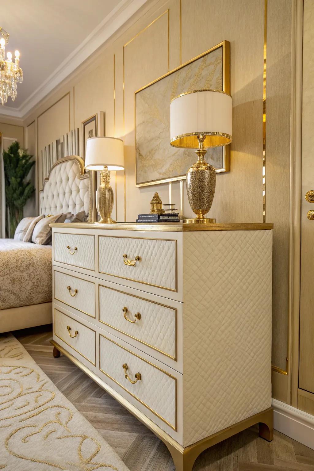 Gold hardware upgrades add a touch of glam to bedroom furniture.