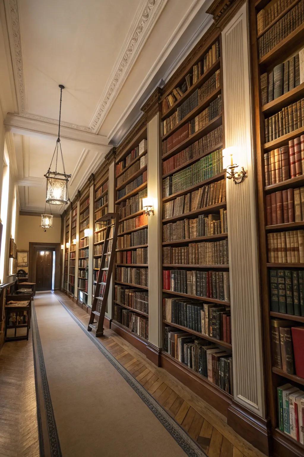 Ceiling-high shelves create a dramatic and useful library space.