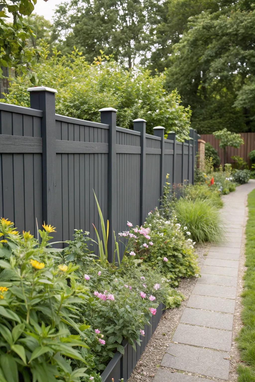 A sustainable dark grey fence made from eco-friendly recycled materials.