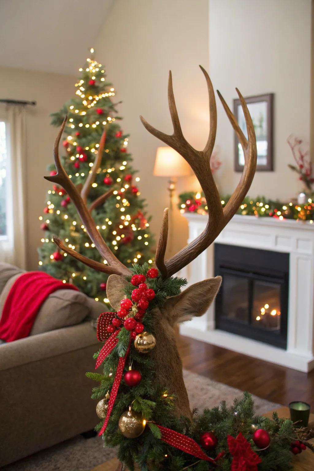 Deer antlers adorned with holiday garlands and ornaments add a festive touch to a living room.