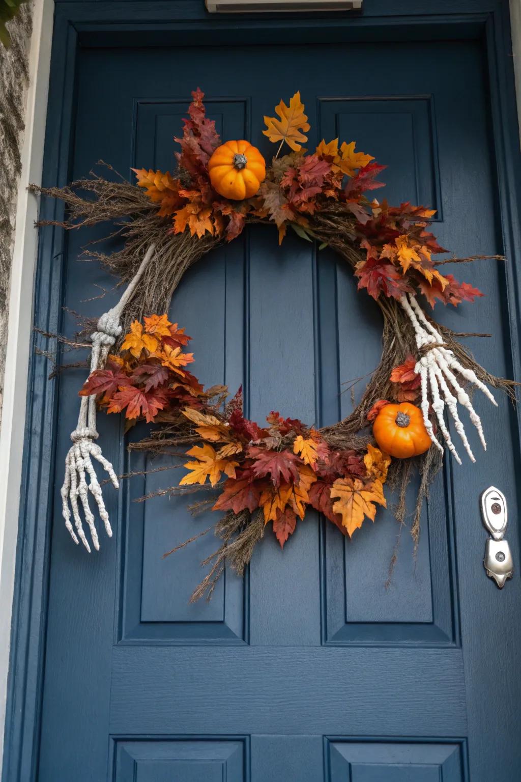 A skeleton hand wreath creates an eerie Halloween vibe.