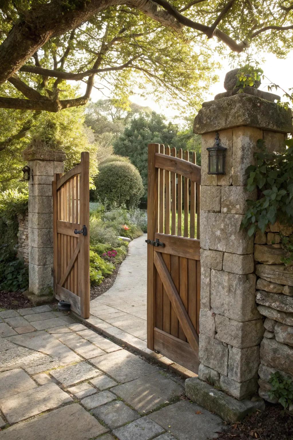 Natural stone posts complement the rustic charm of a wood gate.