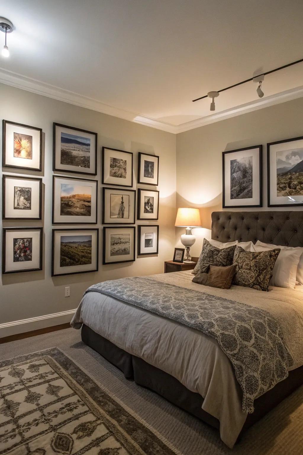 A gallery wall in dark frames adds sophistication and personal touch.