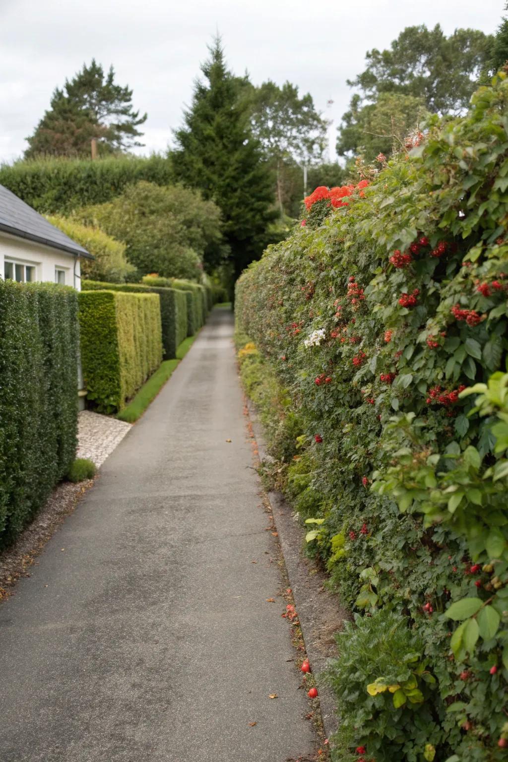 Edible plant hedges offering practical and delightful additions to a driveway.