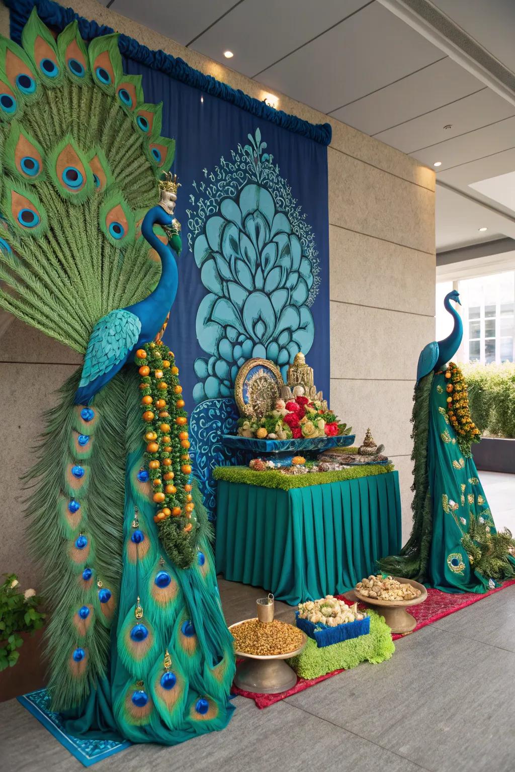 A peacock-themed decor with blue and green hues, creating a unified and stunning setup.