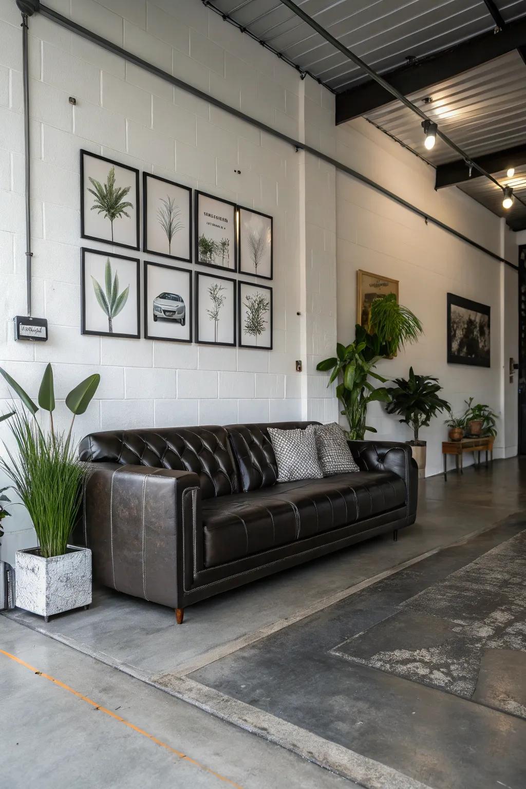 A sleek leather couch adds luxury and elegance to your garage.