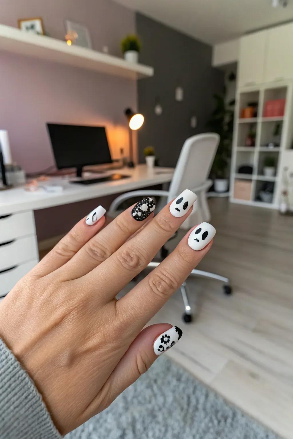 Ombre backgrounds add depth to ghost face nails