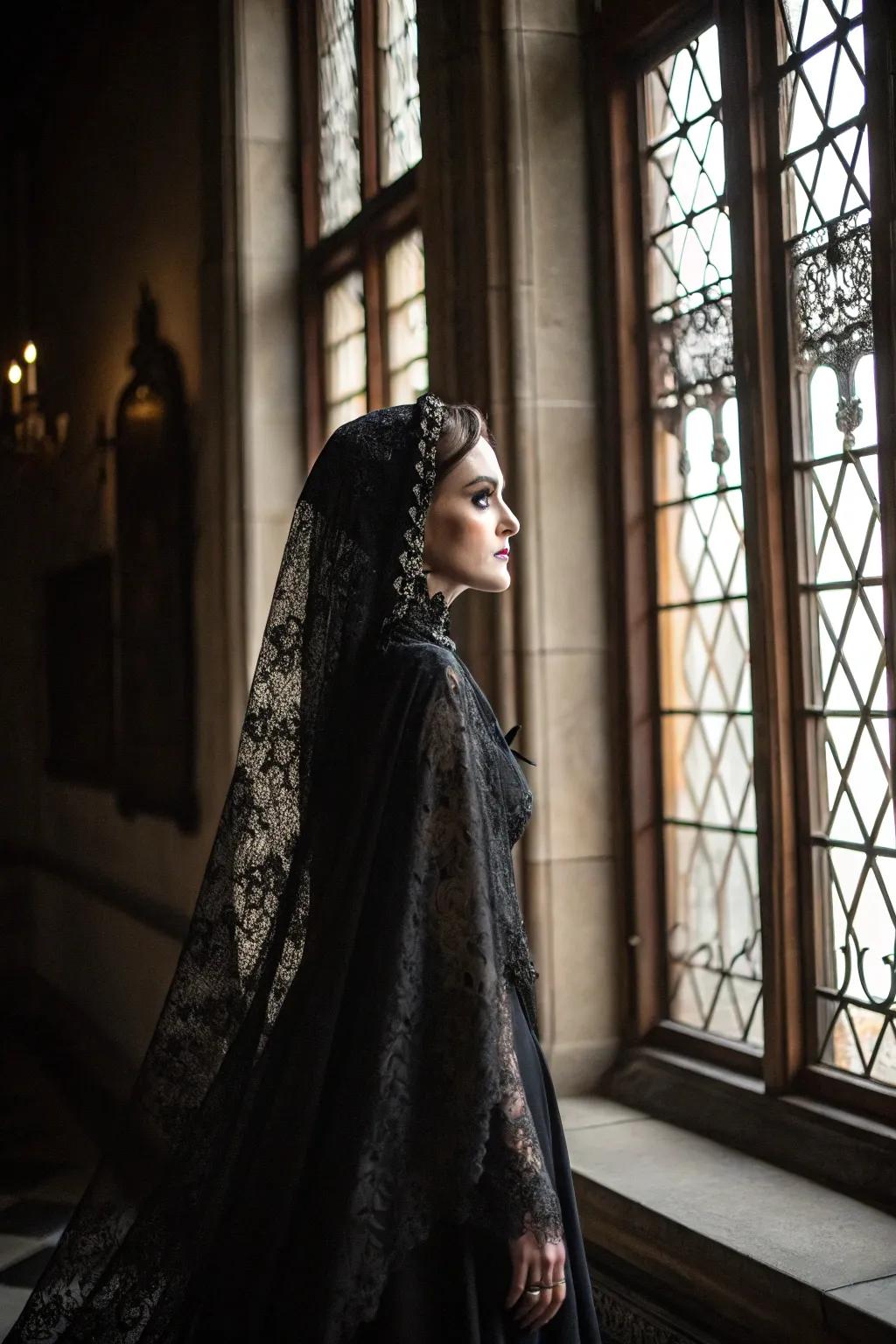 A gothic bride with a dramatic black lace veil and cape.