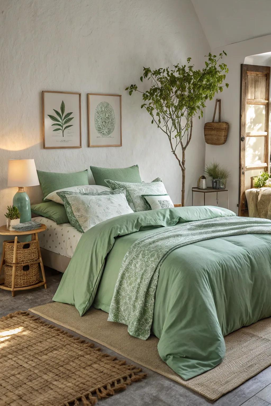Green bedding cultivates a serene and restful ambiance in this tranquil bedroom.