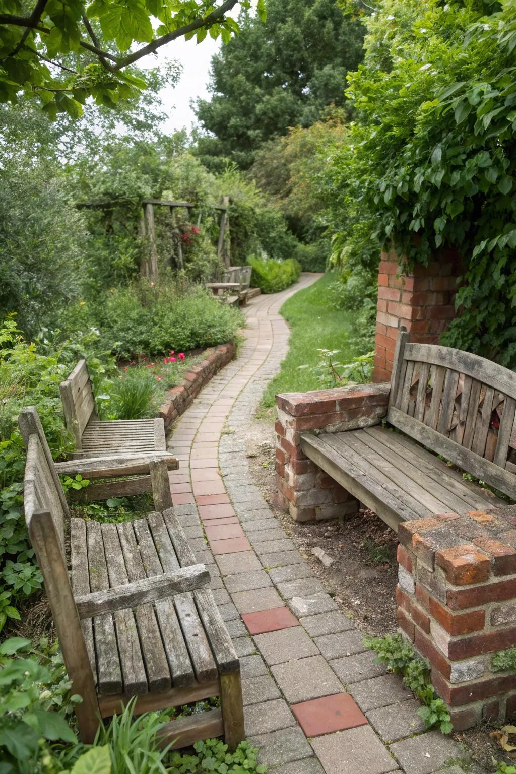 Repurposed materials lend personality and sustainability to garden hardscaping.