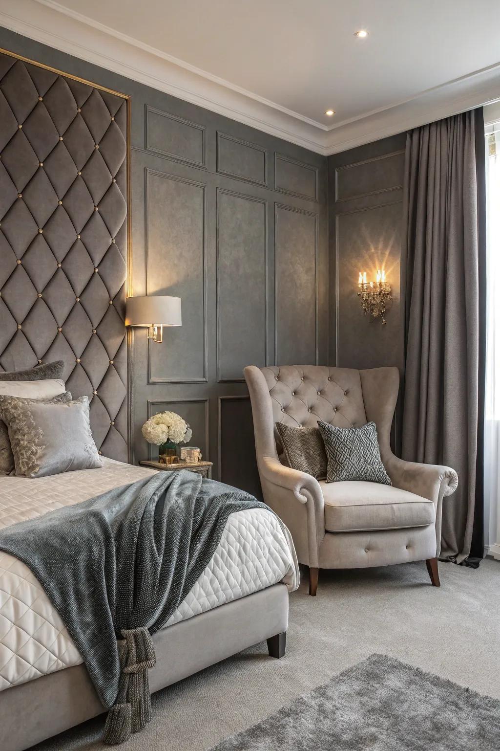Velvet surfaces enhance the luxury of this grey feature wall.