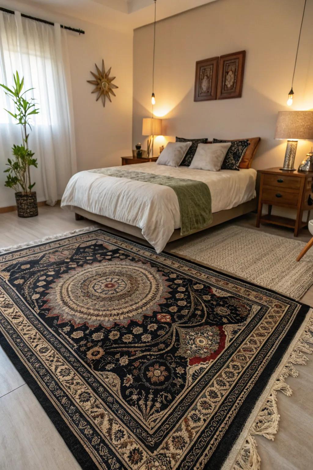 Mystical rugs anchor the space and enhance the theme.