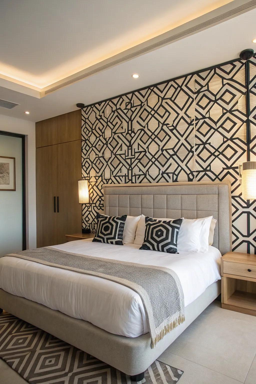 Elevate your space through geometric pattern headboards.