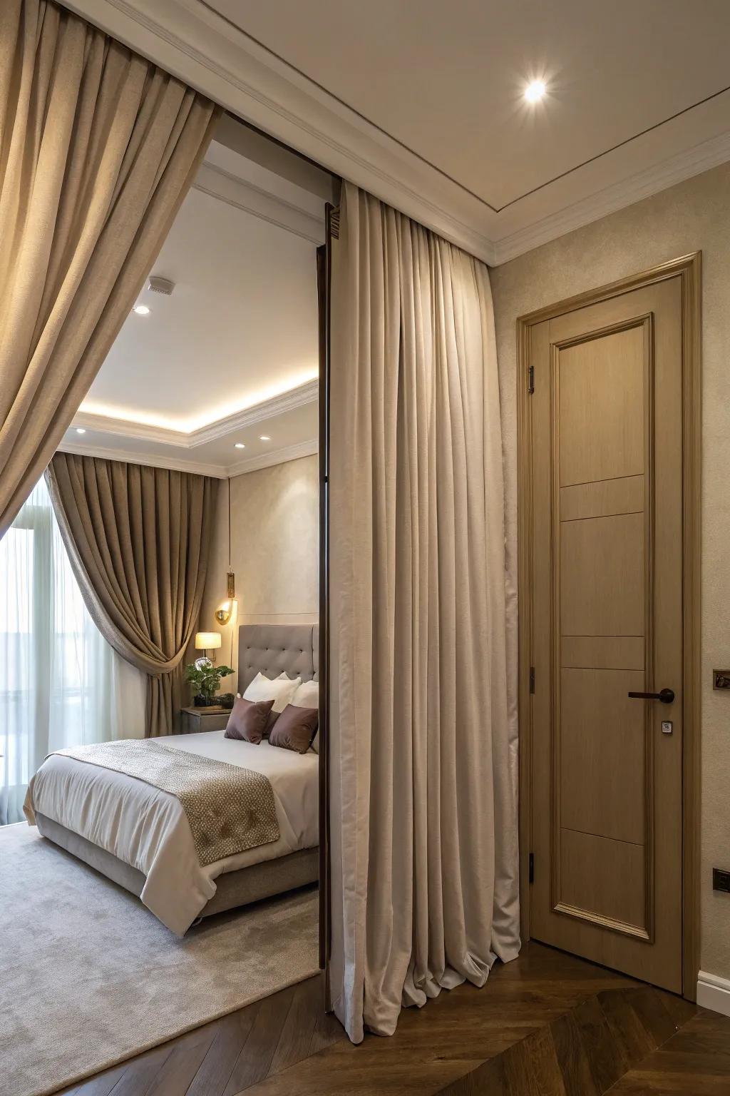 A bedroom with a hidden door concealed by curtains.