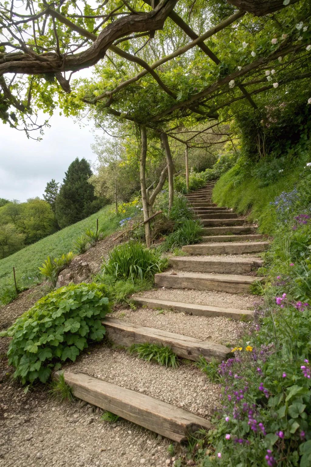 Wood and gravel steps provide rustic charm and practicality.