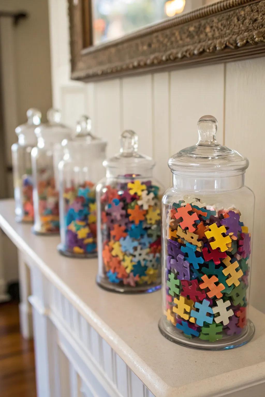 Glass jars showcasing tiny puzzle pieces.