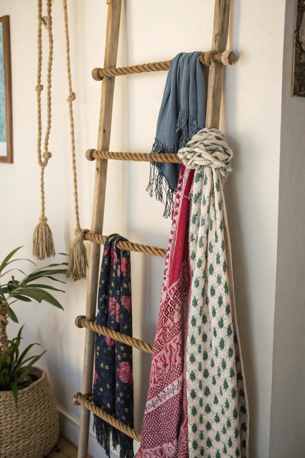 A DIY rope ladder offers a creative and fun way to store scarves.