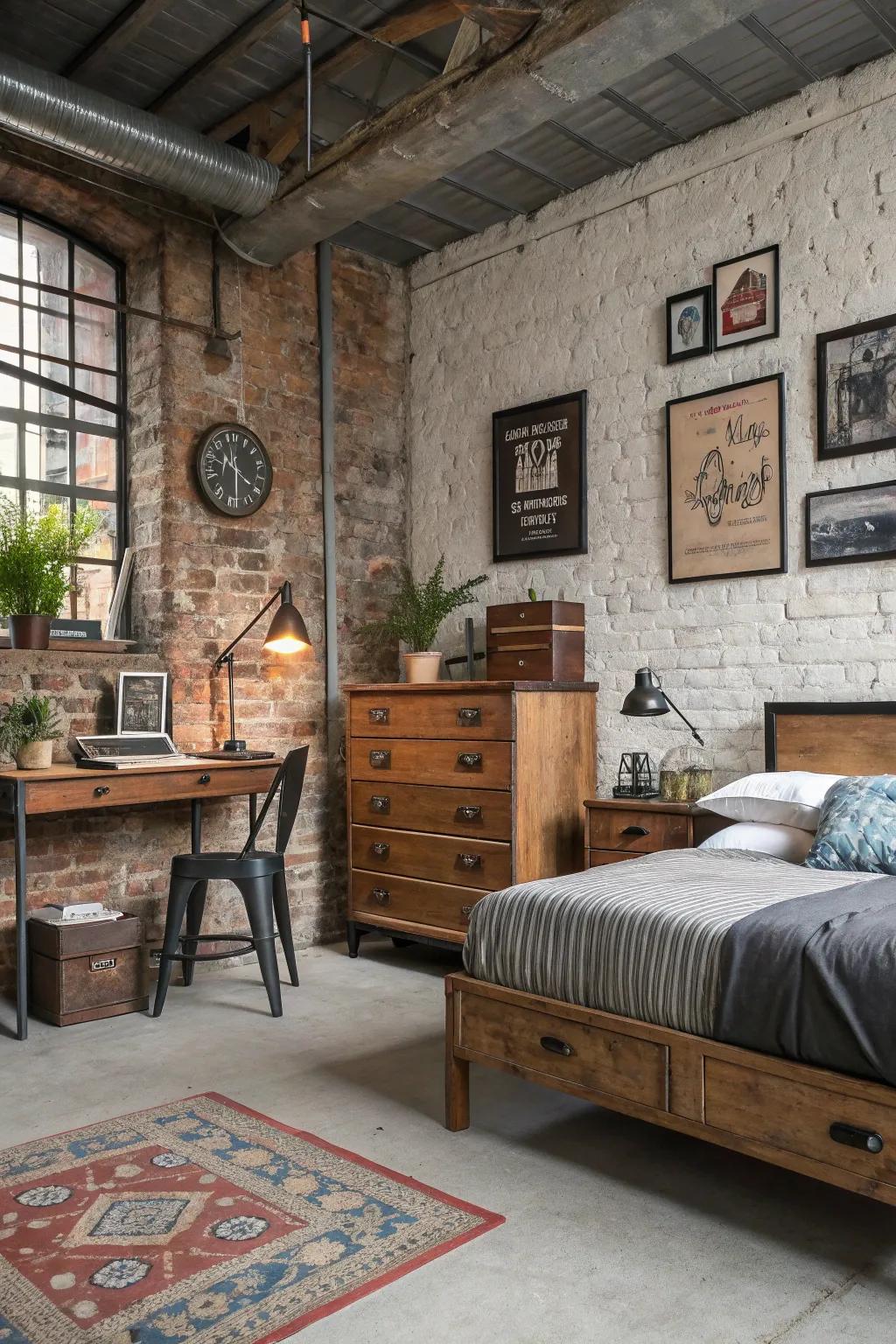 Vintage finds add history and character to this industrial bedroom.