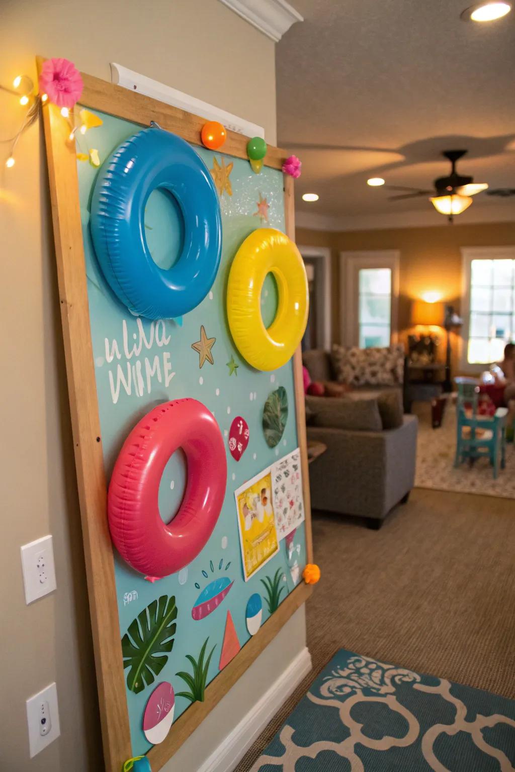 A poolside-themed bulletin board for summer fun.