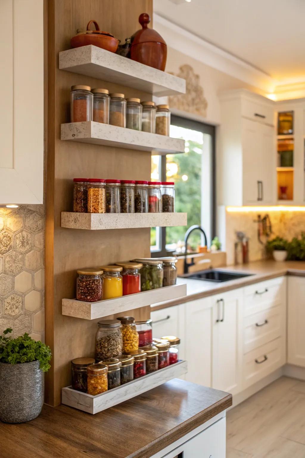 Corner shelves make resourceful use of kitchen space.