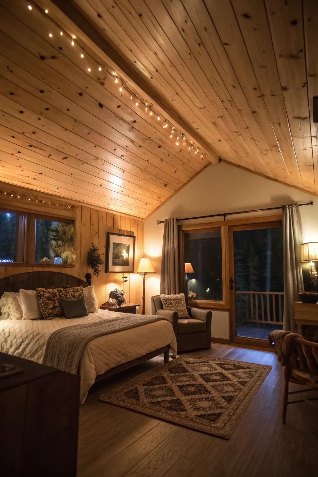 A cozy room where ambient lighting enhances the knotty pine ceiling.