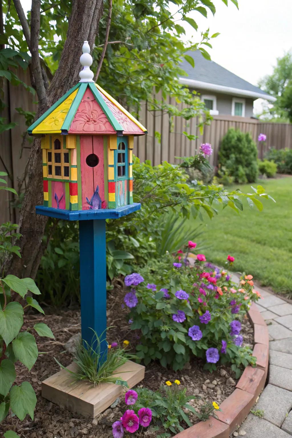 An energetic feeder repurposes a tranquil corner into a lively fascination.