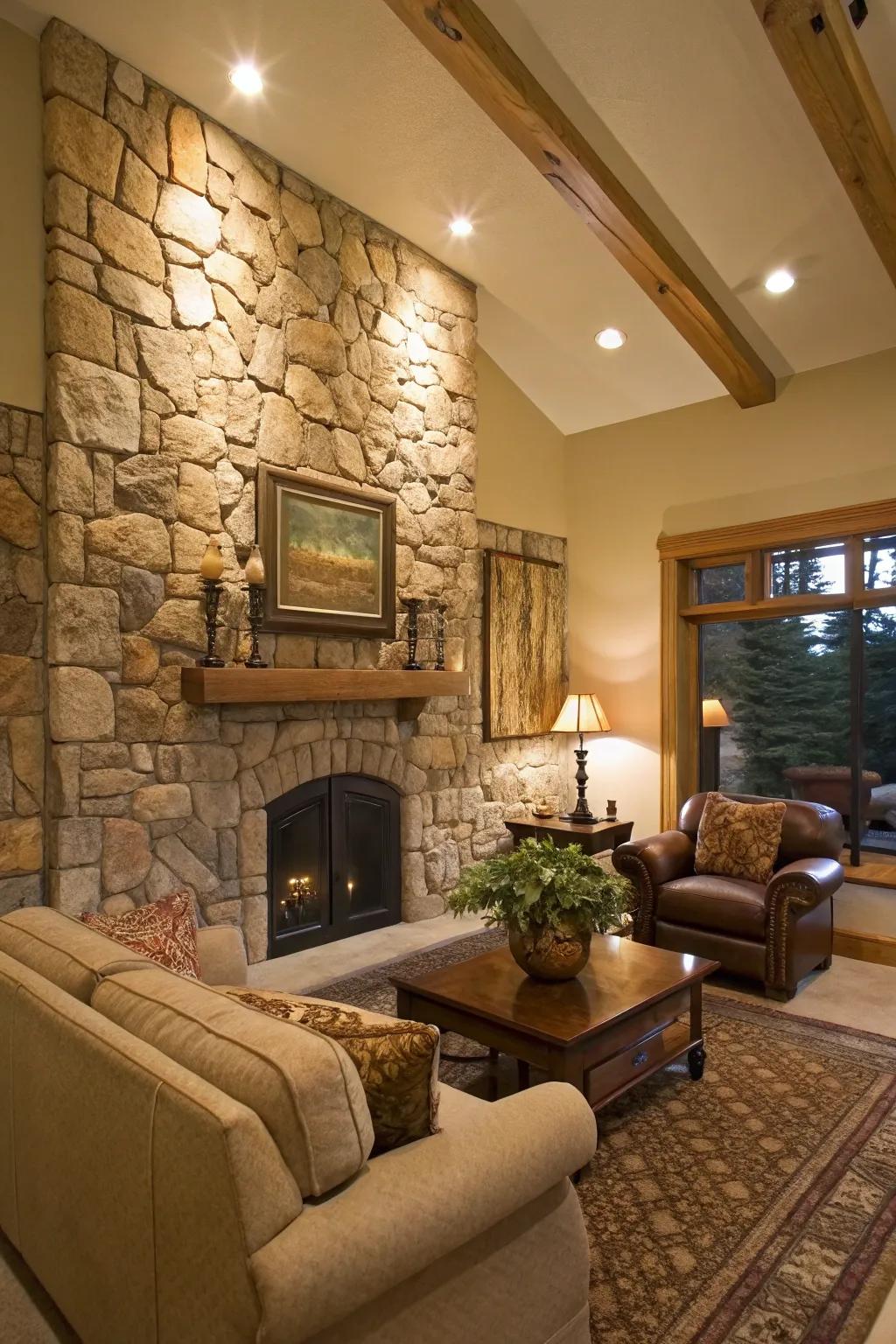 A stone decorated wall gives lasting charm and texture to this scene.