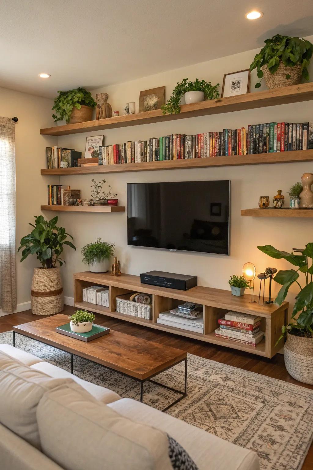 Floating shelves give you storage without feeling bulky.