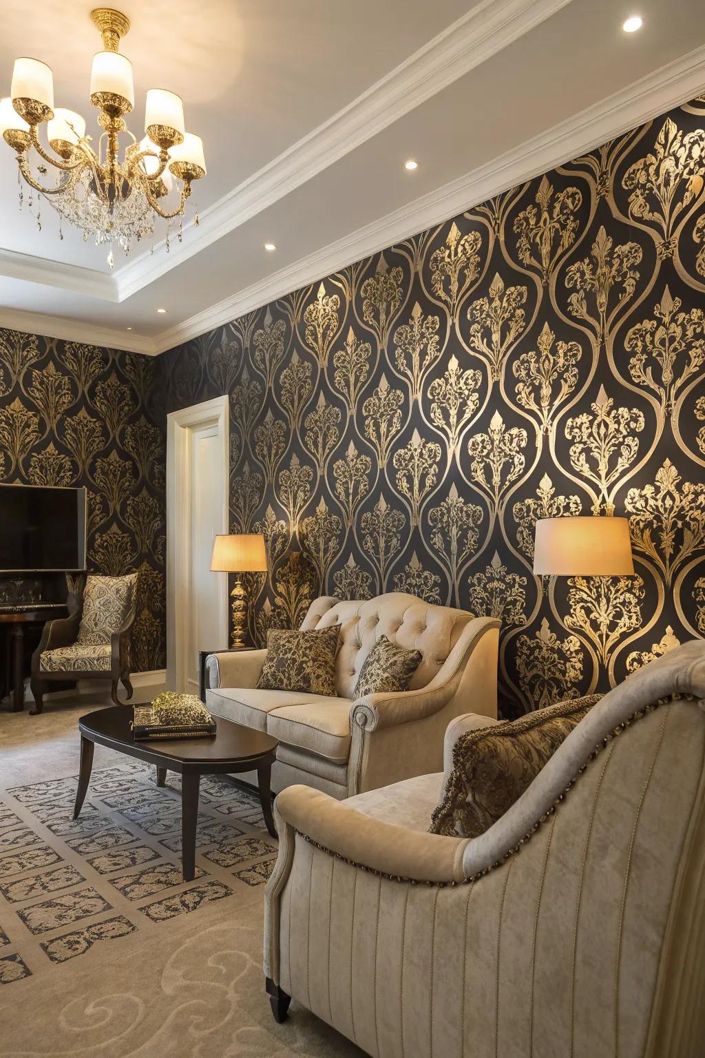 Intricate black and gold wallpaper adds sophistication.