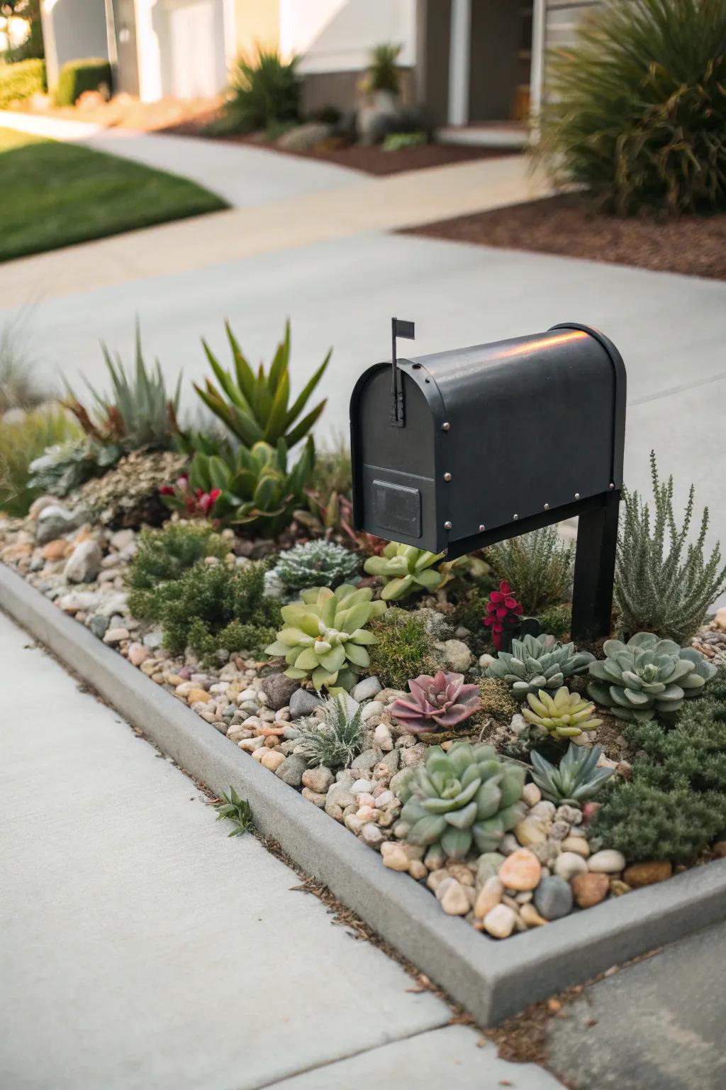 Succulents offer a modern, low-maintenance solution for mailbox landscaping.