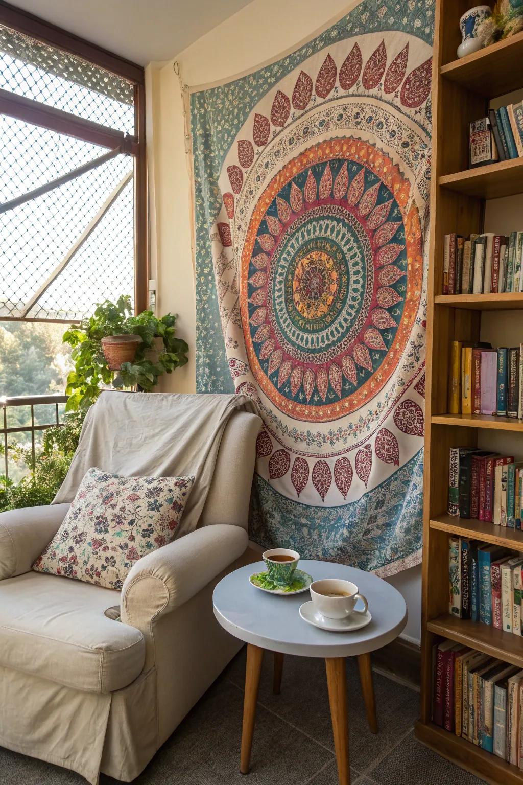 A mandala tapestry creating a cozy atmosphere in a reading nook.