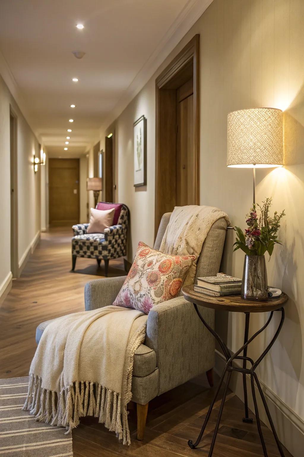 A seating area makes the hallway inviting and comfortable.