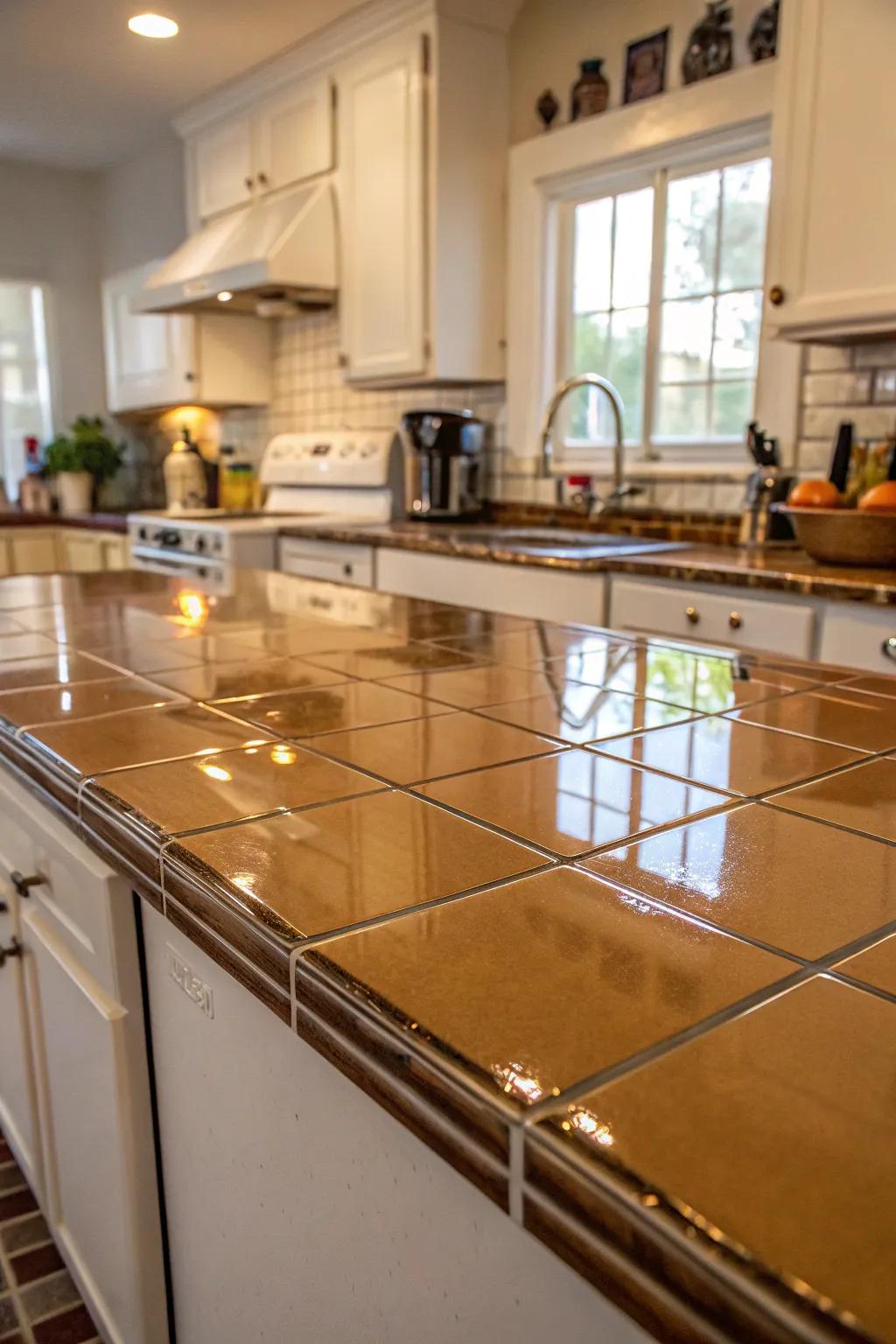 Shimmering tiles add a glossy, light-reflecting touch to this kitchen.