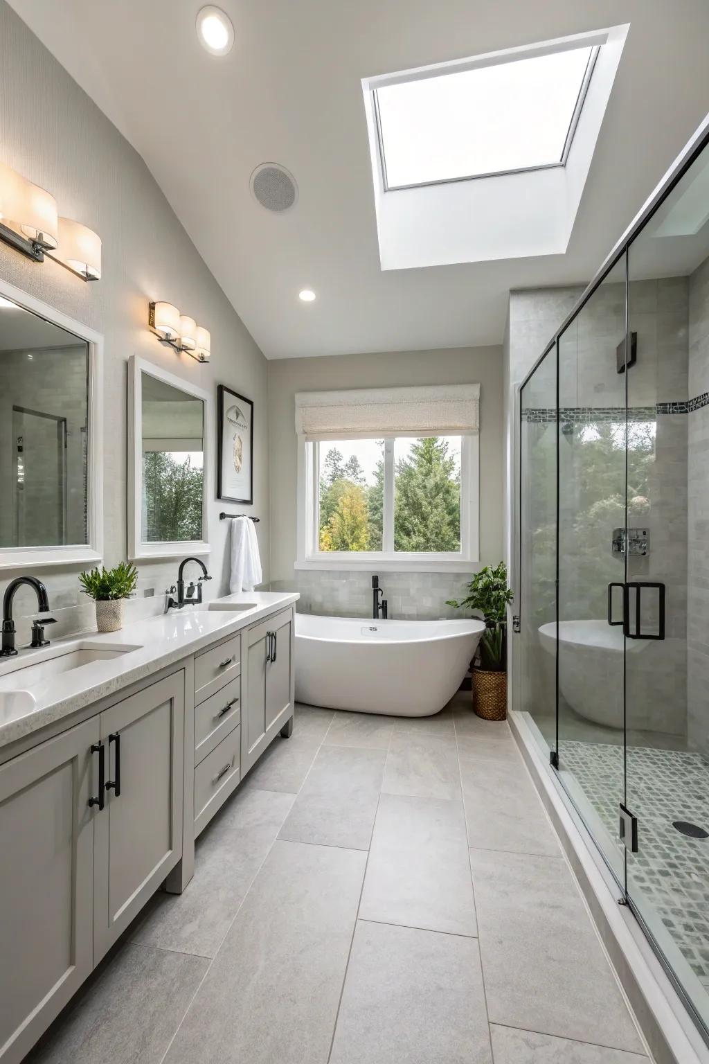Balanced arrangement brings poise to this subdued bathroom.