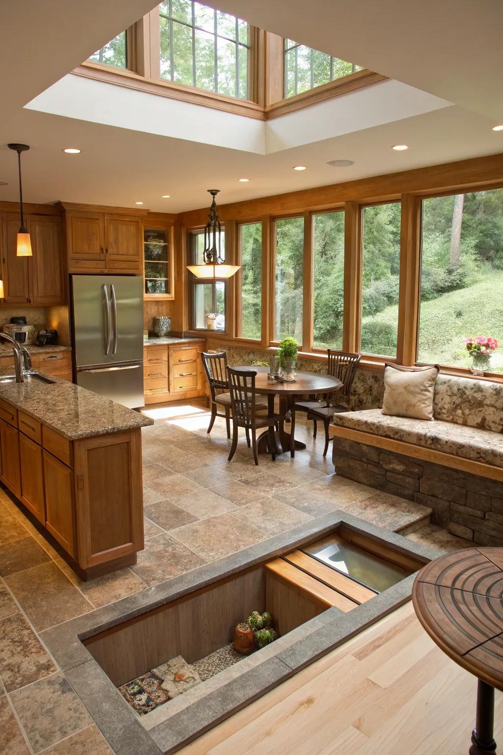 A sunken floor adds a distinct, cozy touch to the kitchen.