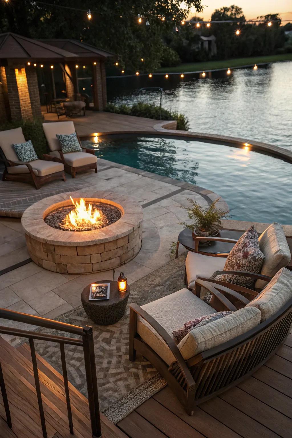 Enjoy your pool deck all year with a warm fire pit.
