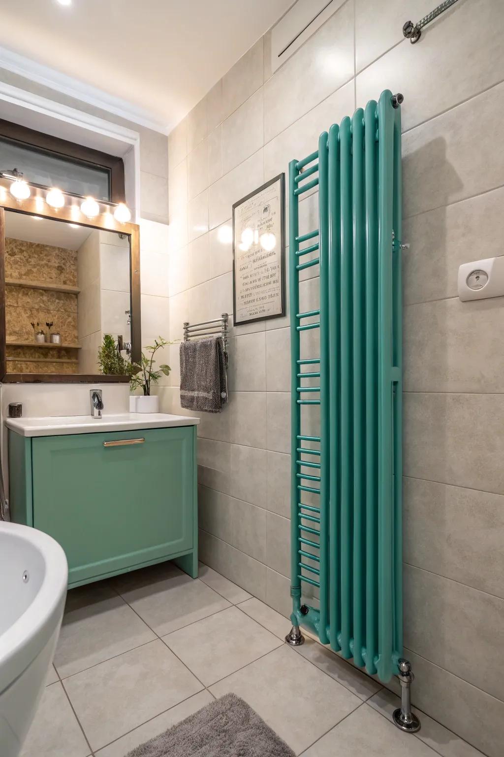 Teal radiators provide cool serenity.