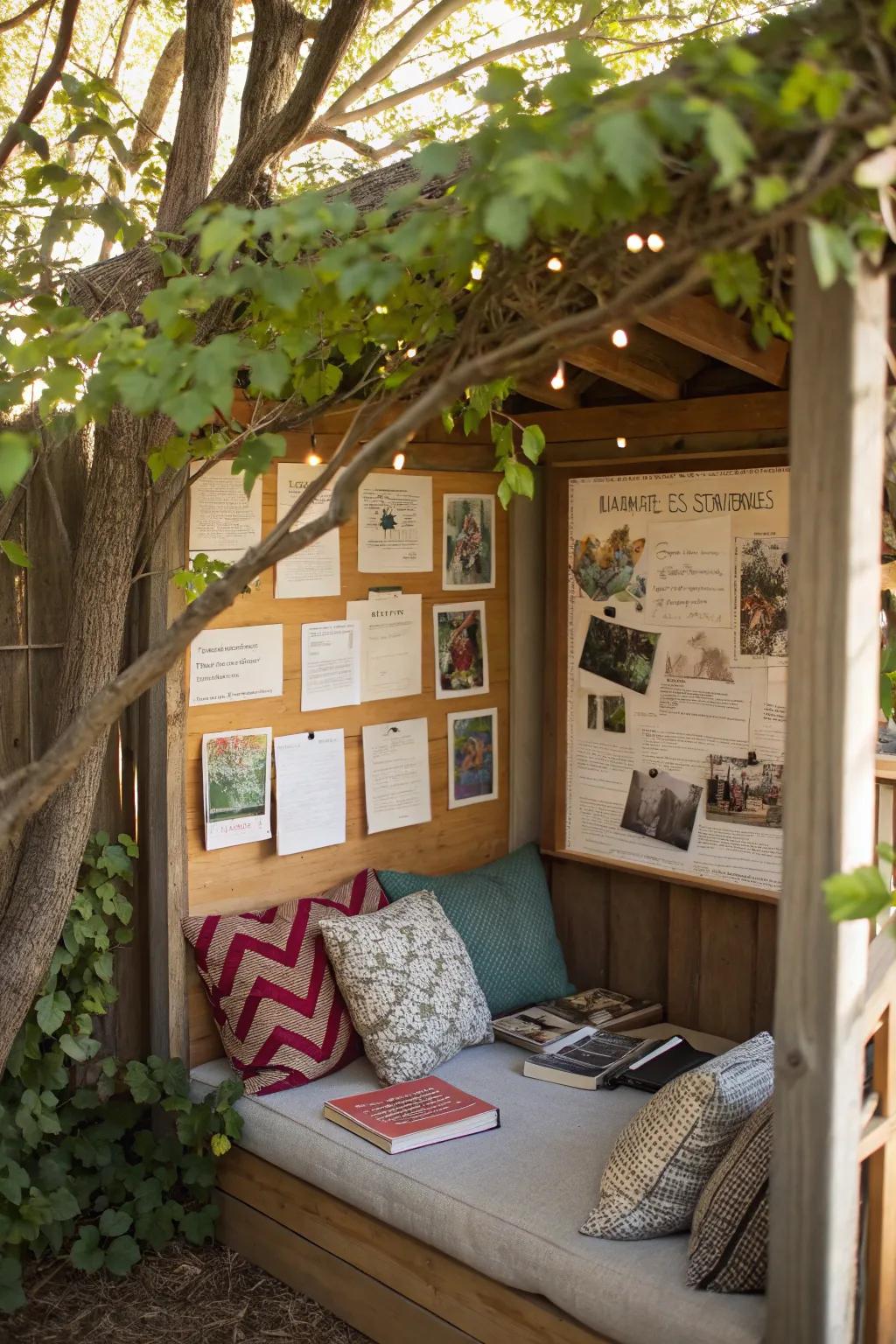 Tree branches and leaves create a serene and inviting reading corner.