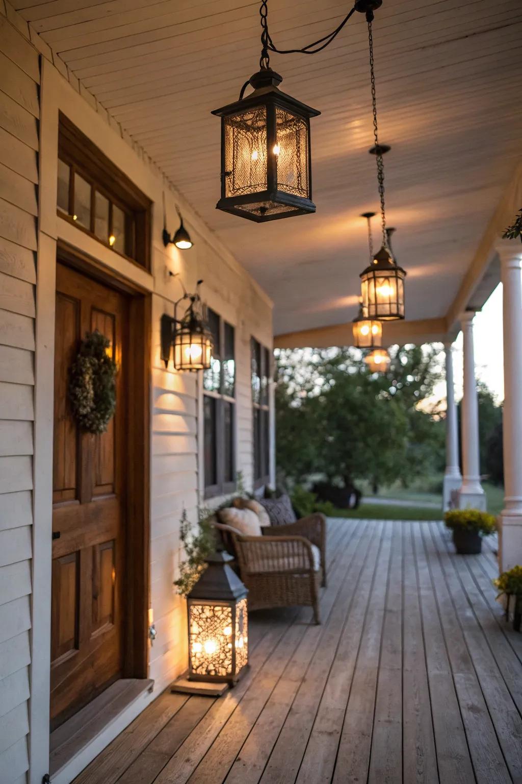 Rustic lighting fixtures enhance the porch's charm.