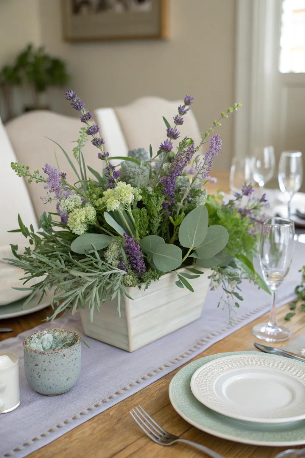 Sage green and lavender create a soothing and aromatic centerpiece.