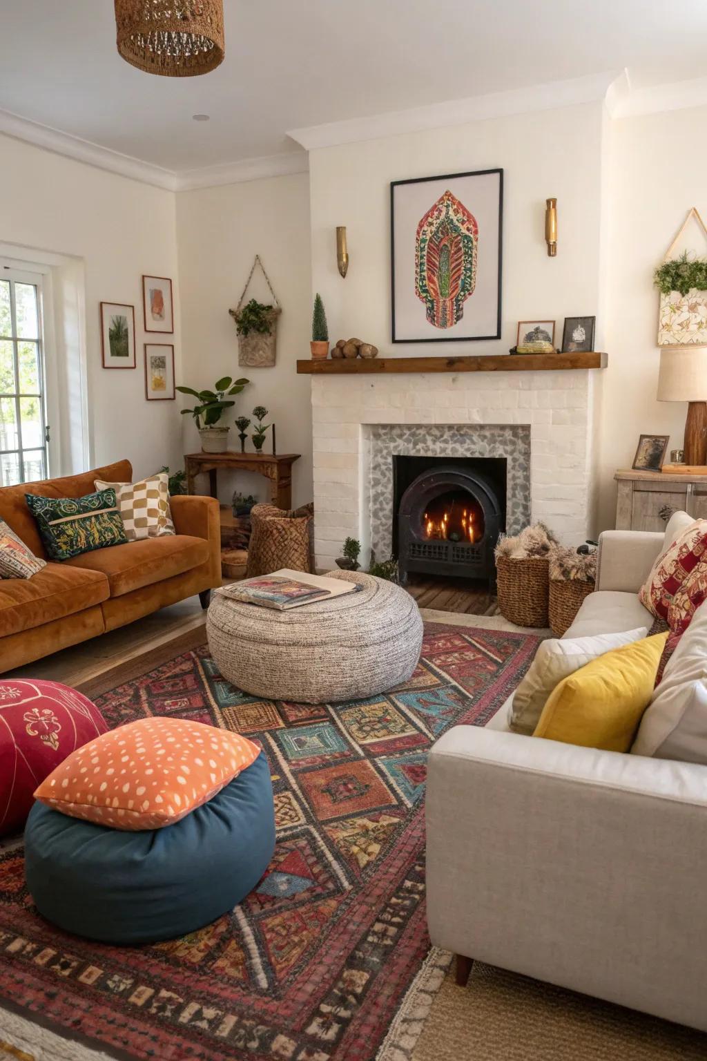 An eclectic mix of seating styles adds visual interest to the fireplace area.