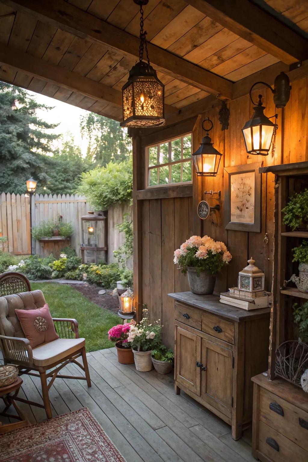 Turn your she shed into a rustic retreat with reclaimed wood and vintage charm.