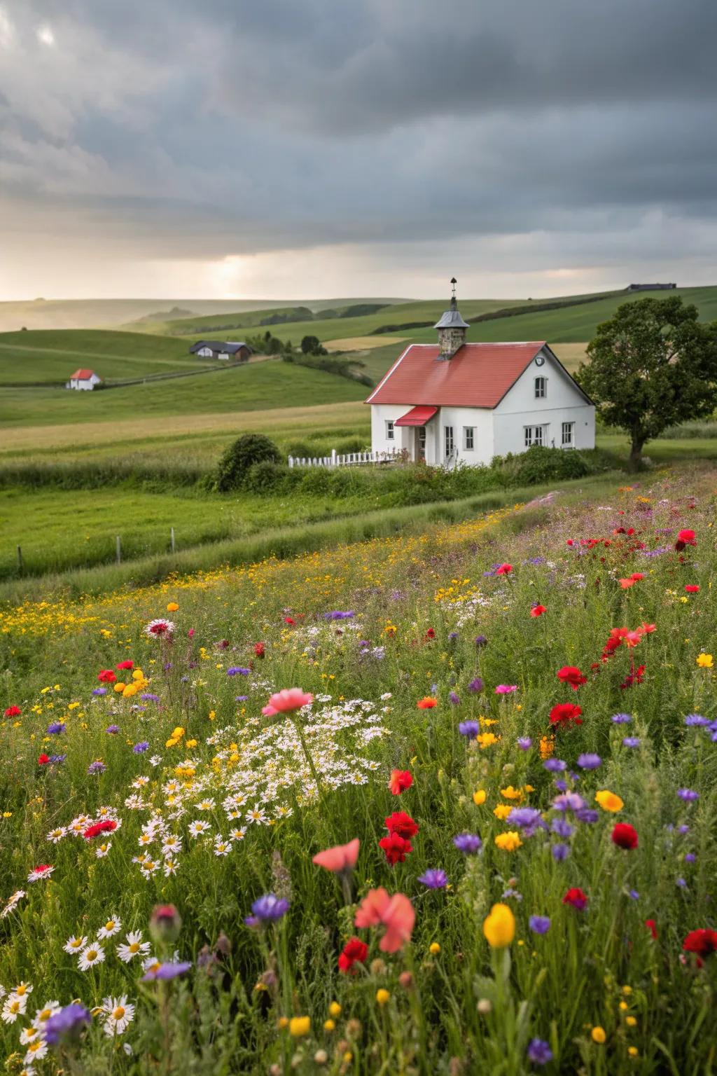 A colorful wildflower meadow buzzing with life.