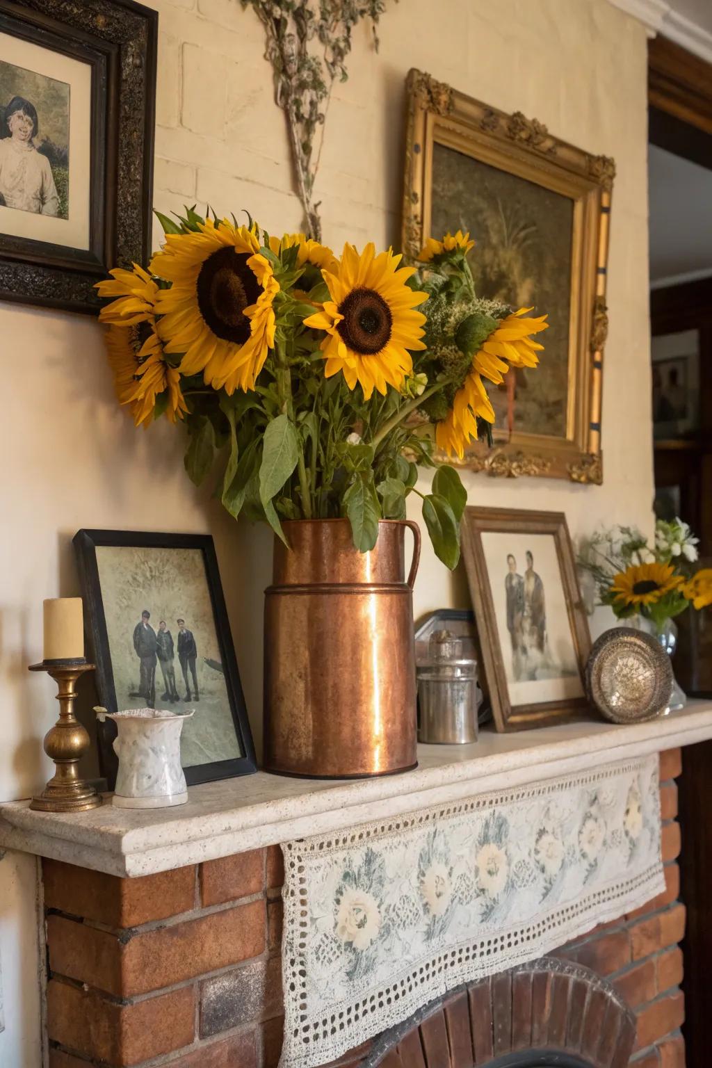 A copper pot provides a vintage touch to a sunflower display.