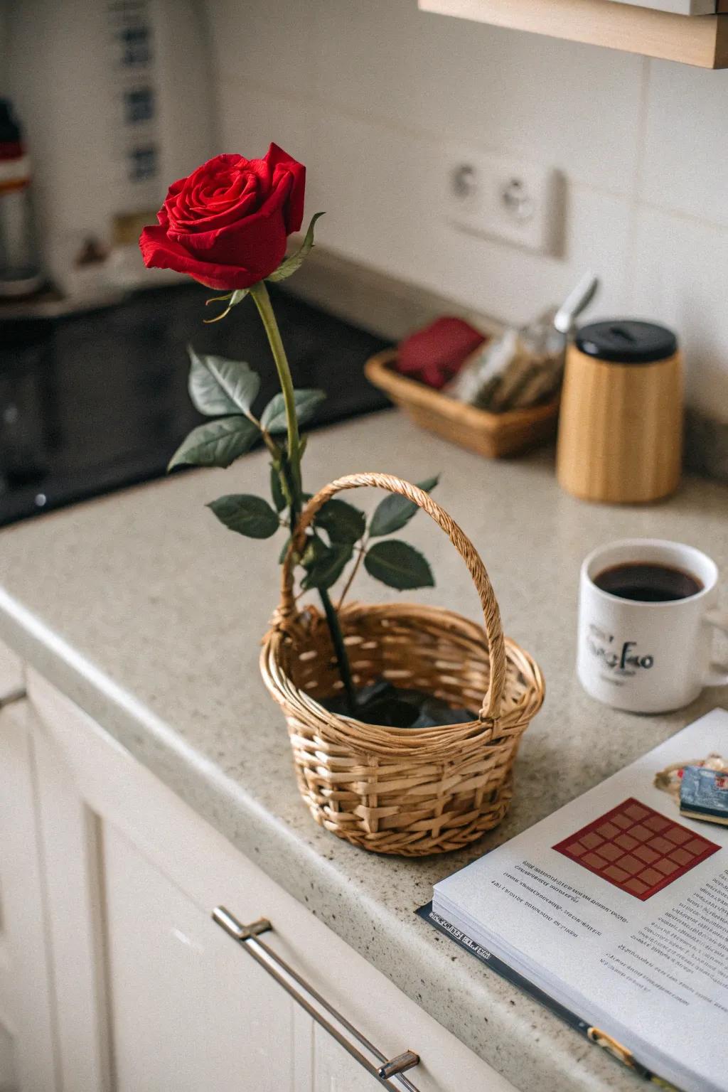 A woven basket provides a natural setting for a single rose.