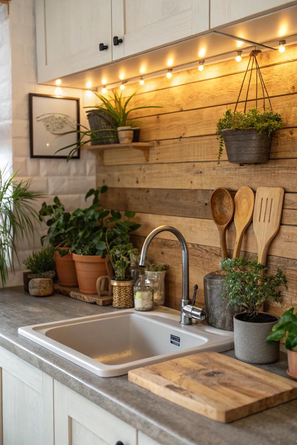 Comforting wood panels add a natural and rustic feel to the kitchen.