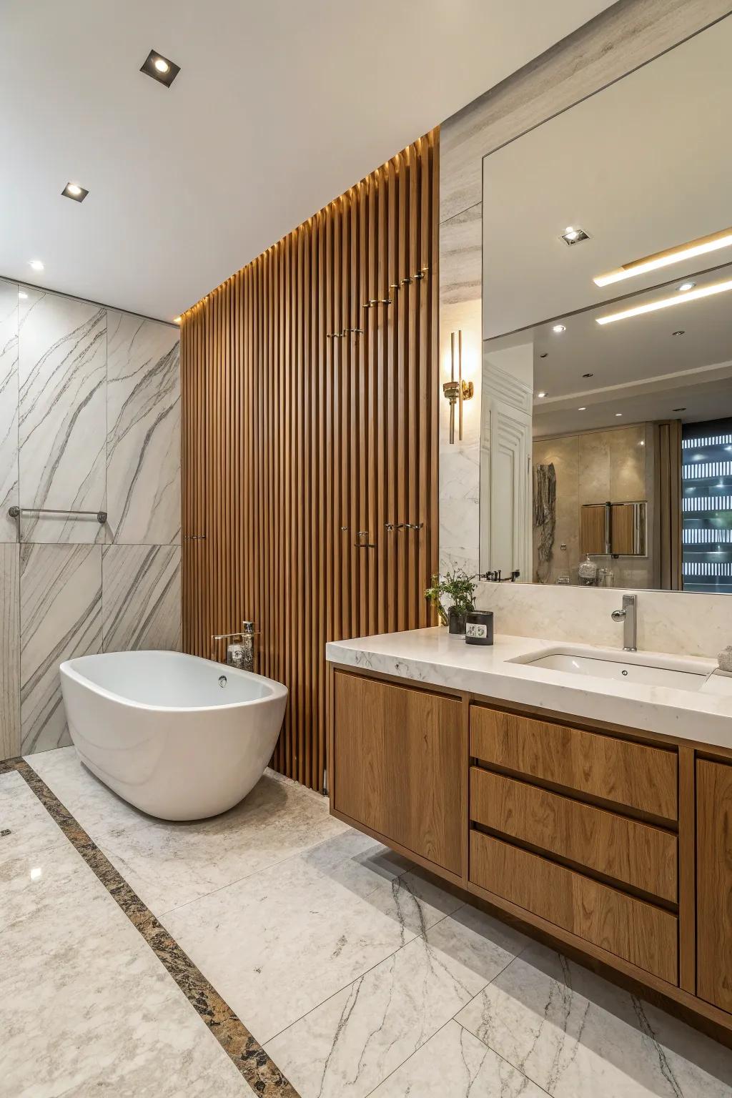 A bathroom transformed into a spa-like retreat with a wood slat wall.