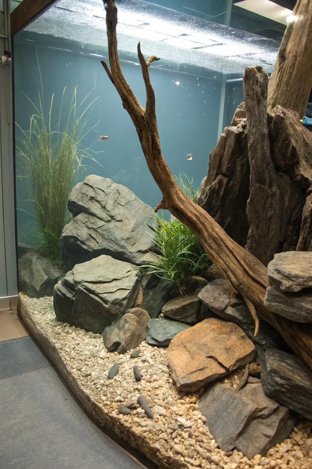 An earthy integration of stone and driftwood.