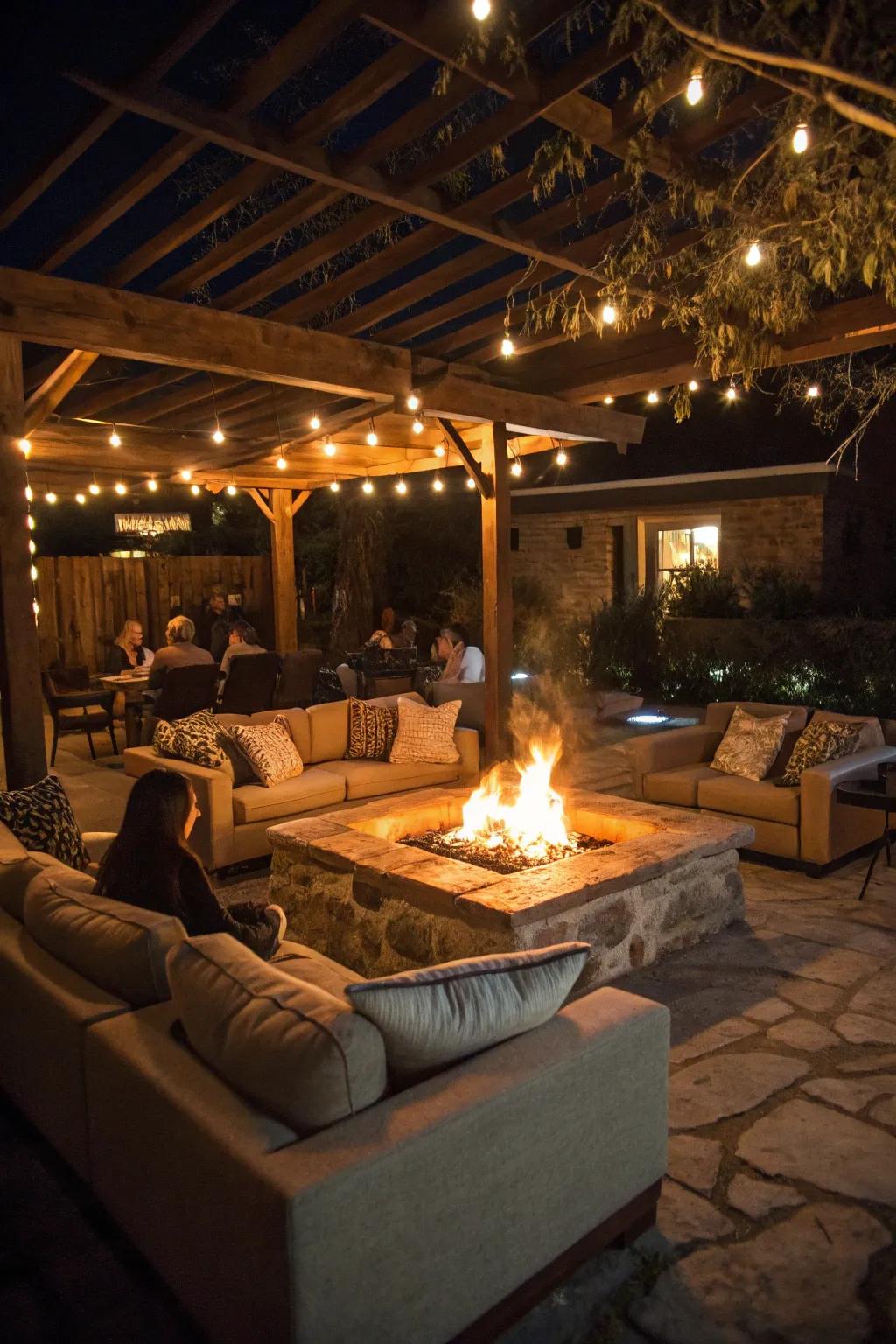 A sunken bonfire area offers a unique and sheltered seating experience.