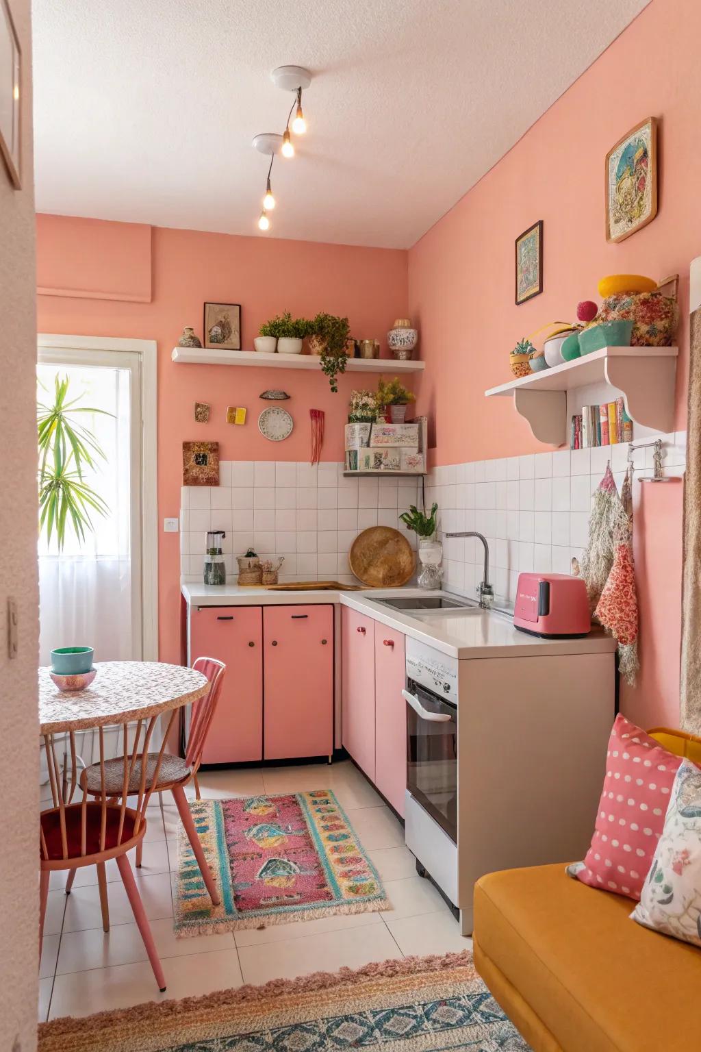 Coral pink infuses energy and joy into the kitchen.